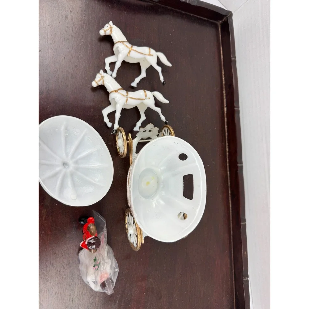 Vintage Wedding Cake Topper Set White Pumpkin Carriage Horses Bride Groom Figure